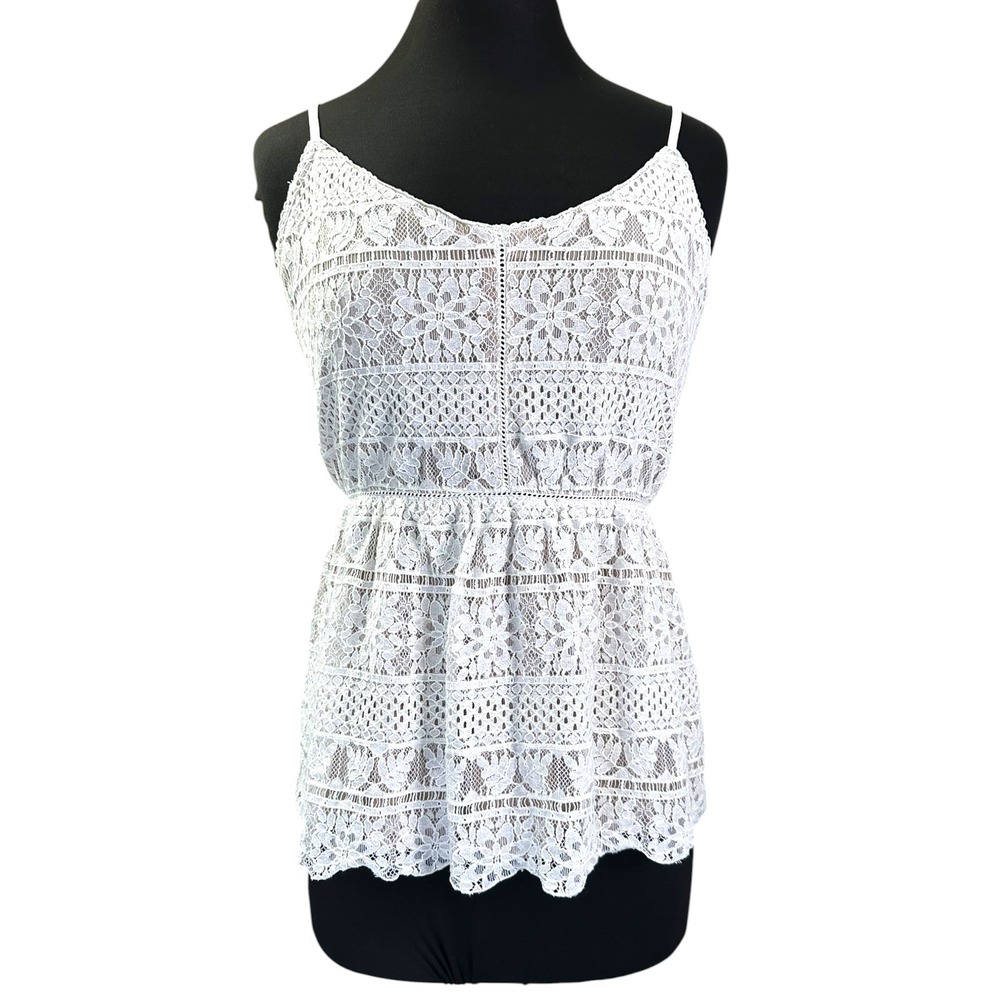Maurices Lace Cami Top Womens 1 XL White Floral Peplum Boho Sleeveless Blouse